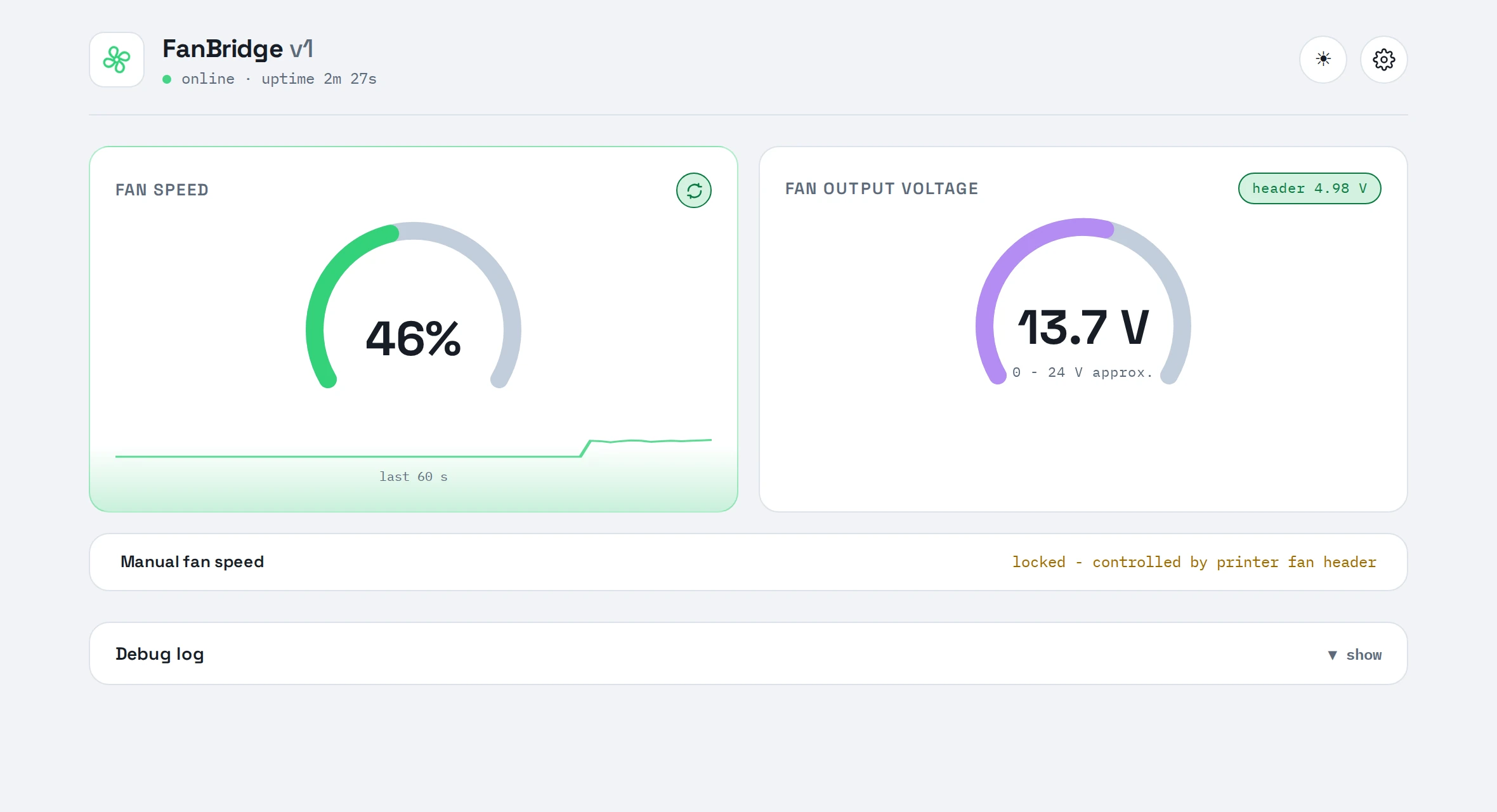 FanBridge-Web-UI in einem Desktop-Browser im Auto-Modus: Die Drehzahl folgt dem Drucker, die manuelle Steuerung ist gesperrt