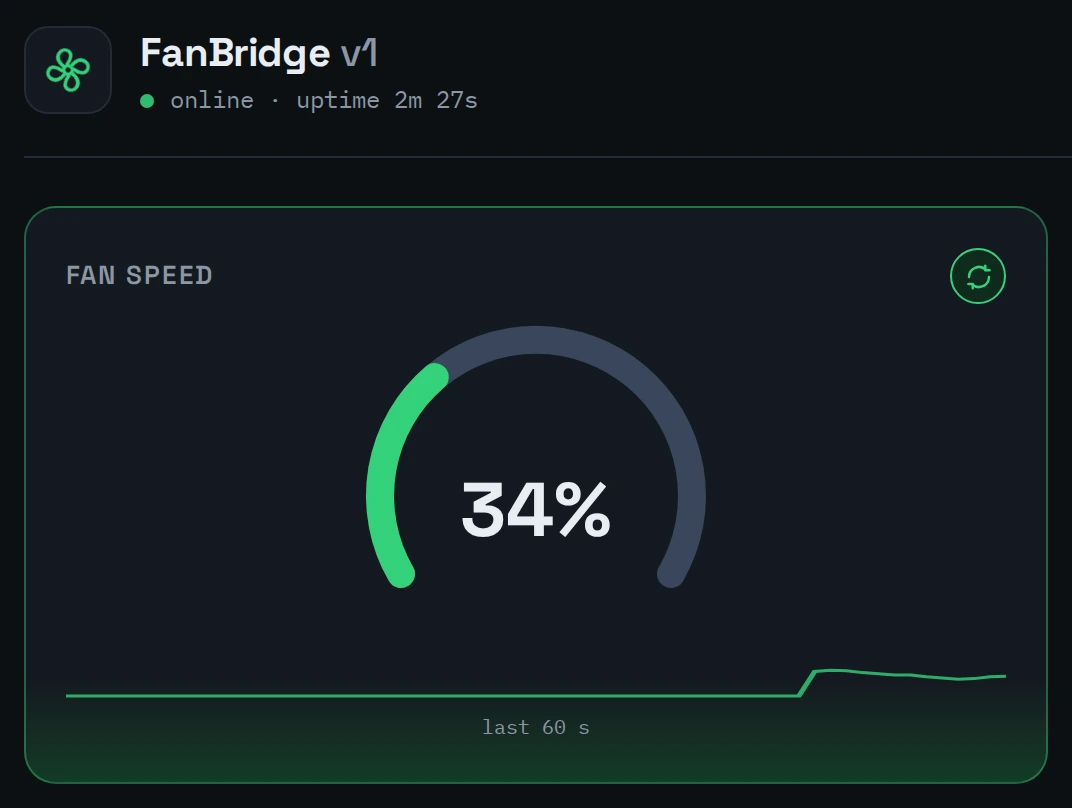 Вебінтерфейс FanBridge у локальній мережі: шкала швидкості вентилятора й стан пристрою