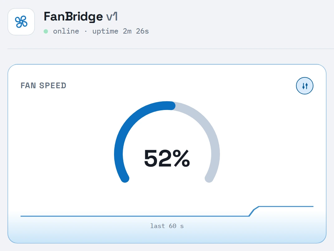 FanBridge-Web-UI im manuellen Modus: die Drehzahlanzeige bei 52 Prozent mit dem Symbol für manuell
