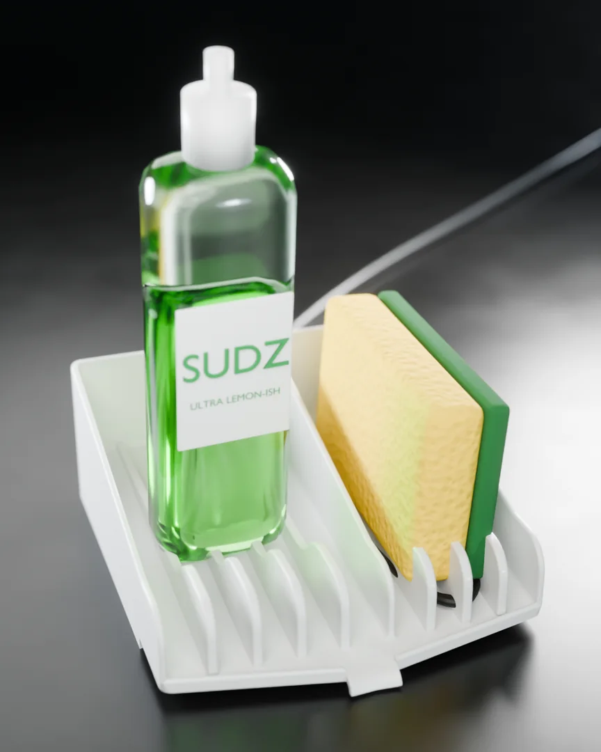 Een fles groen afwasmiddel en een geel-groene spons in de standaard, een kabel in de zijkant geplugd