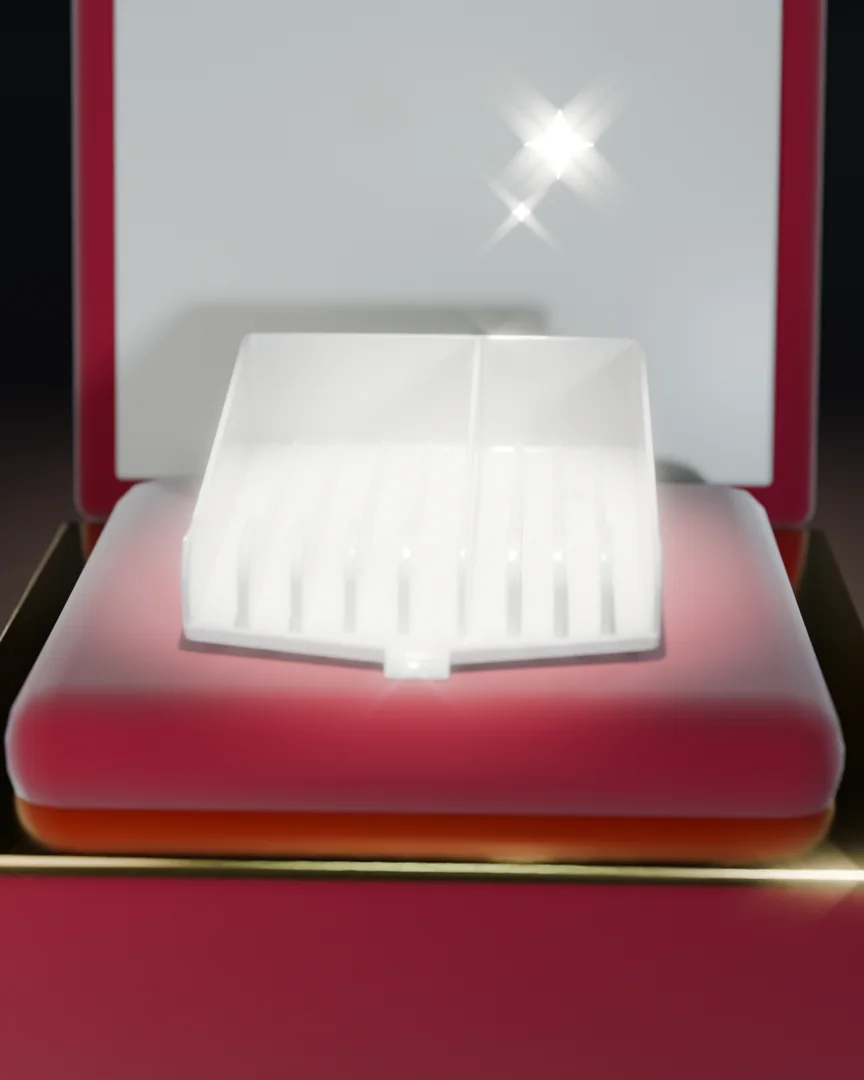 De standaard gepresenteerd als een sieraad in een rood fluwelen doosje, een schittering op de hoek