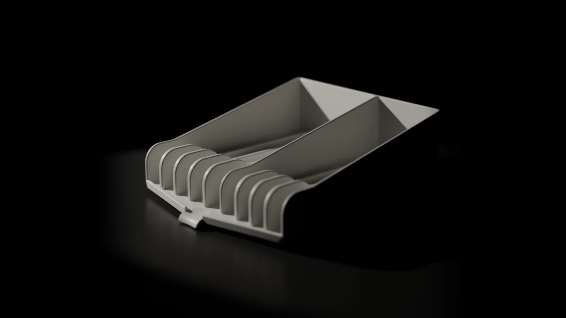 De Kitchen Sink Stand 3000 in wit op een donkere studiovloer, ribben aan de voorkant, twee vakken erachter