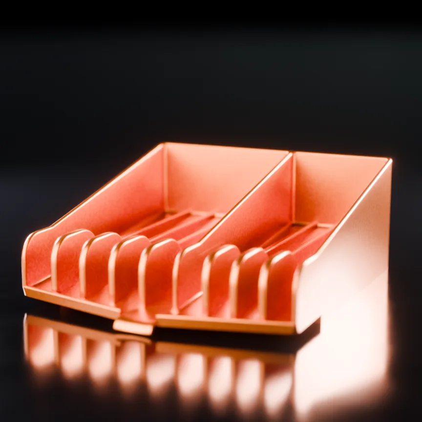 Een oranje standaard die gloeit op een zwarte vloer, het licht valt op de ribben